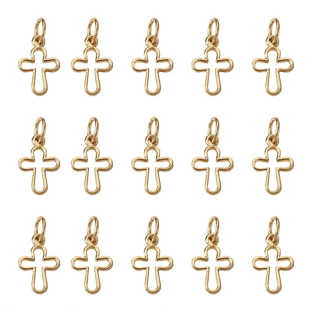 7603 50Pcs 18K Gold Hollow Crucifix Christian Cross Dangle Charms Brass